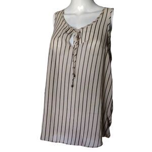 DNA Couture Blouse Women L Black Beige Stripe Sleeveless Notch-Ties-Neck Chiffon